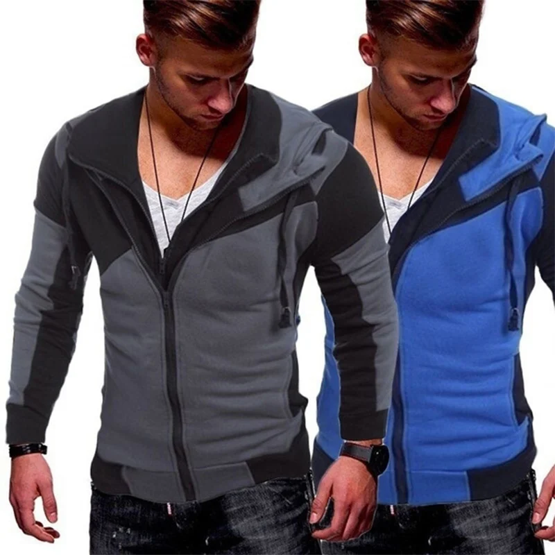 

Autumn/Winter Men's Coat Color Matching Double Zipper Hooded Slim Fit Sweater Men Clothing Winter Jacket Sweater Coat