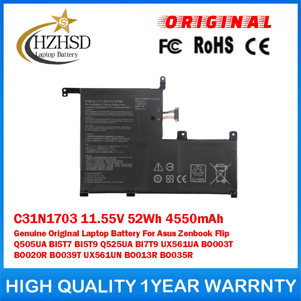 C31N1703 11.55V 52Wh 4550mAh Genuine Original Laptop Battery For Asus ZenbookFlip Q505UA BI5T7 BI5T9 Q525UA BI7T9 UX561UA BO003T