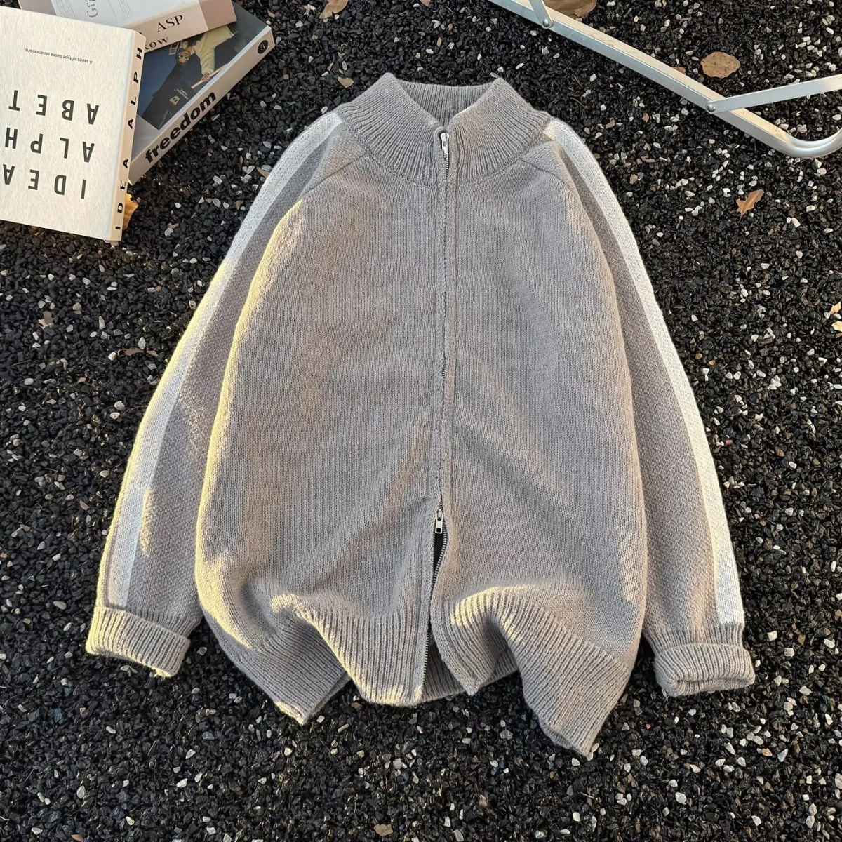 

Men's Knitted Open Cardigan Casual Loose Striped Jaet Zipper Top Autumn Winter Faionable Polyester Fiber Long Sve