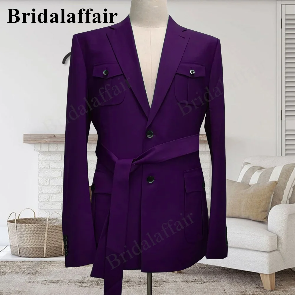 

Bridalaffair Purple (Jacket+Pants) 2Pcs Set 2022 Fashion Men’s Suit With Belt Casual Boutique Business Dress Wedding Groom Homme