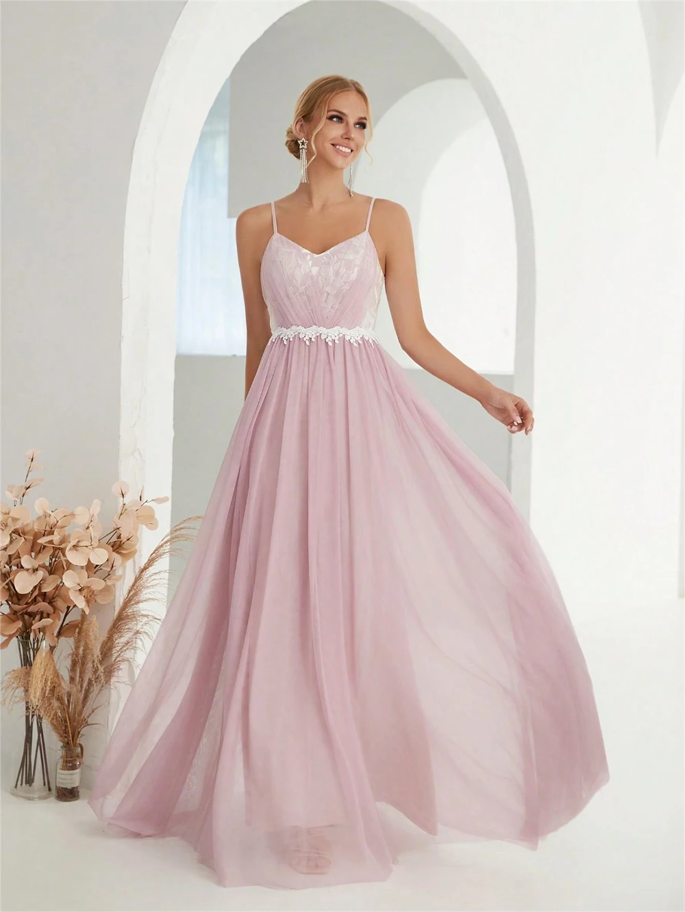 Elegant Dusty Rose A Line Long Dress Evening 2024 Spaghetti Straps Appliques Tulle Women Formal Gowns For Wedding Party