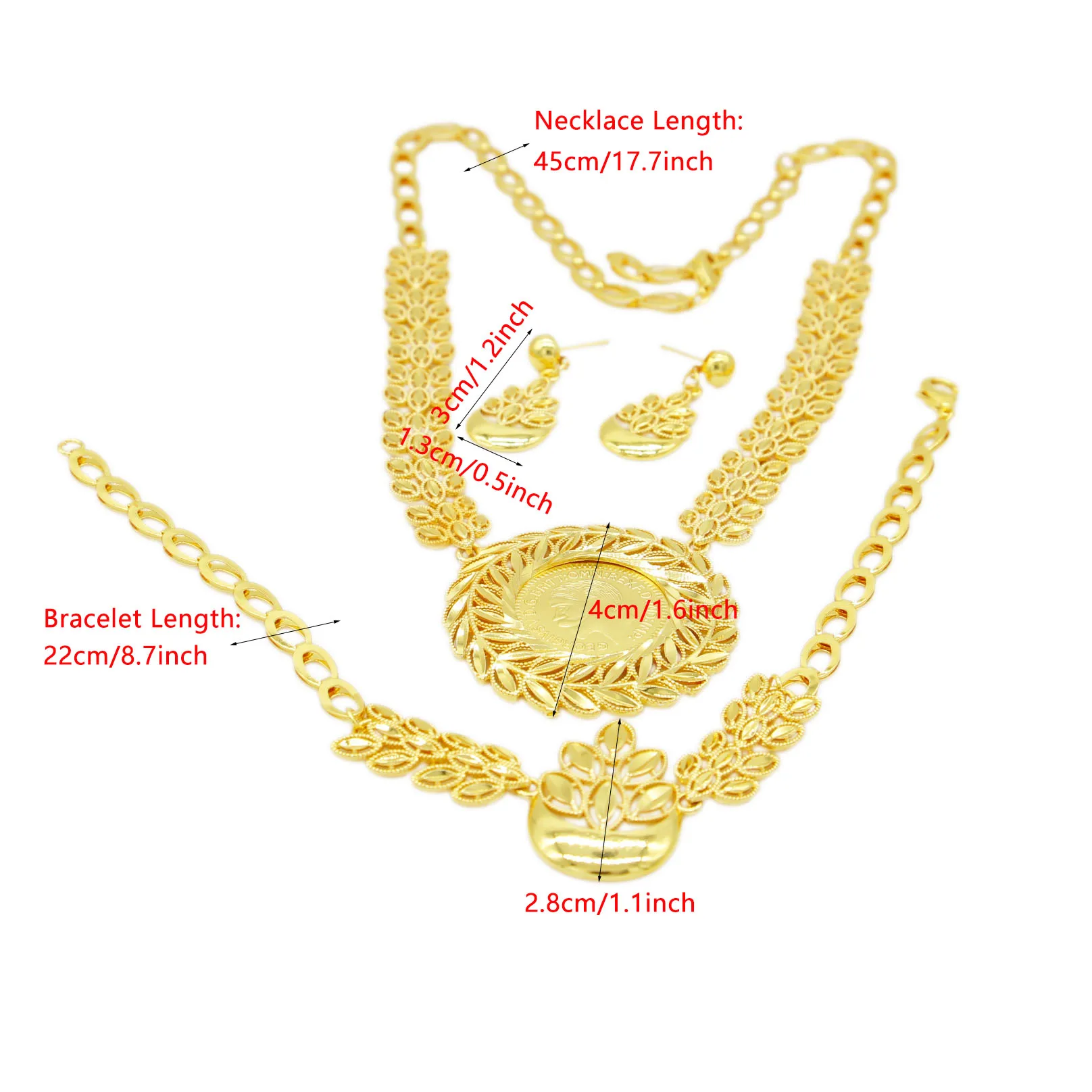 WDZUIAI Top Quality 24K Gold Color Necklace/Earrings/Bracelet Set for Women African Ethiopian Arab Bridal Wedding Jewelry Gifts