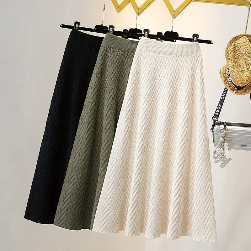 

Knitted half length skirt for women spring mid length 2024 high waisted A-line skirt showing thin umbrella skirt female tops