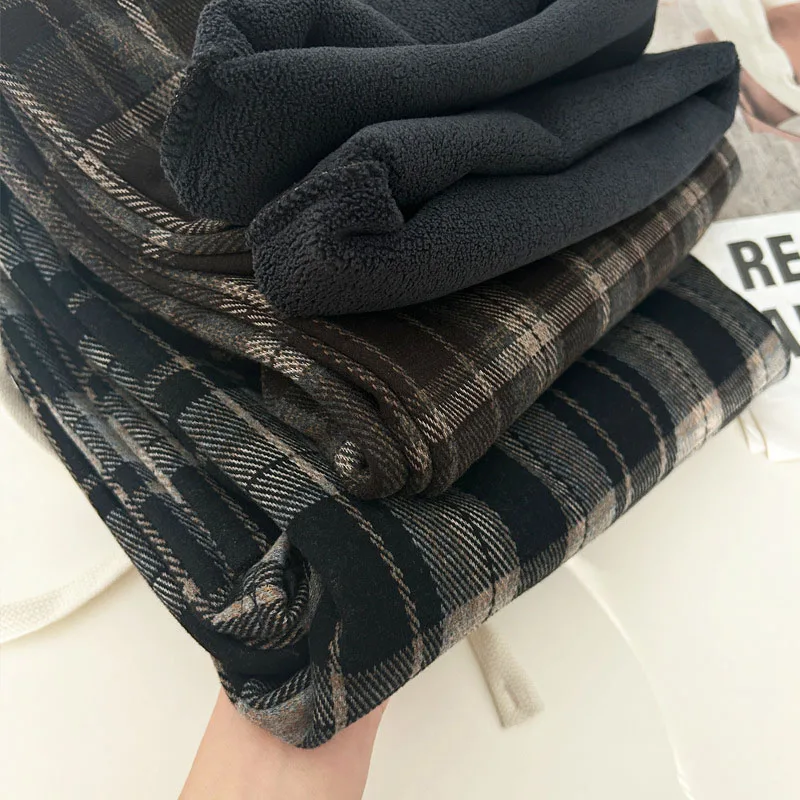 Vintage High Waist Wool Plaid Wide Leg Pants for Women, Autumn Winter Casual Fleece Straight Pants, Full Length Capris