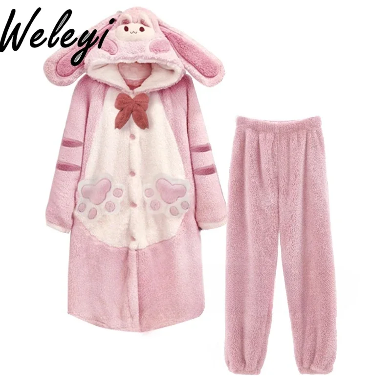 

Cute Cartoon Sleep Robe Winter Gown Sets Pajamas Warm Men's Winter Wolf Pajamas Coral Fleece Fleece Thickened Couple Lounge Set