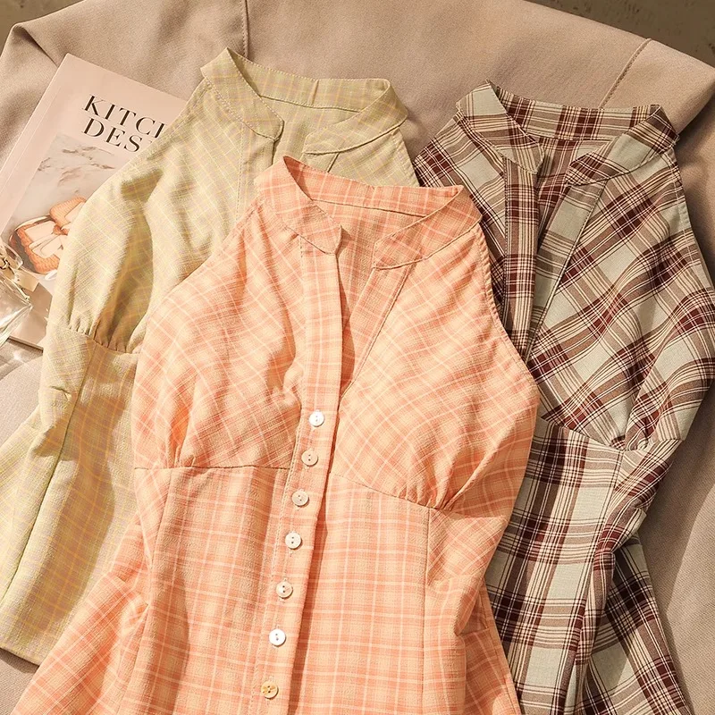 

Retro Plaid Turn-down Collar Ne Hanging Strap Vest Women Summer Sexy Hong Sle Slimming Design Svel Top