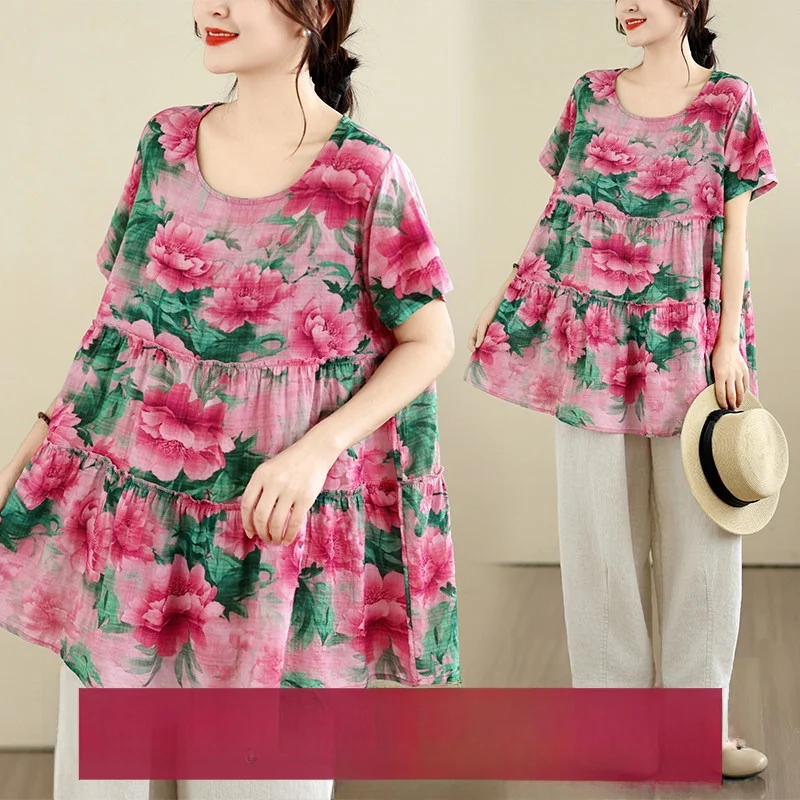 

Summer New Loose Comfortable Thin Cotton Linen Splicing Short Sleeve T Shirt Women's Elegant Top Floral Print Casual Wear