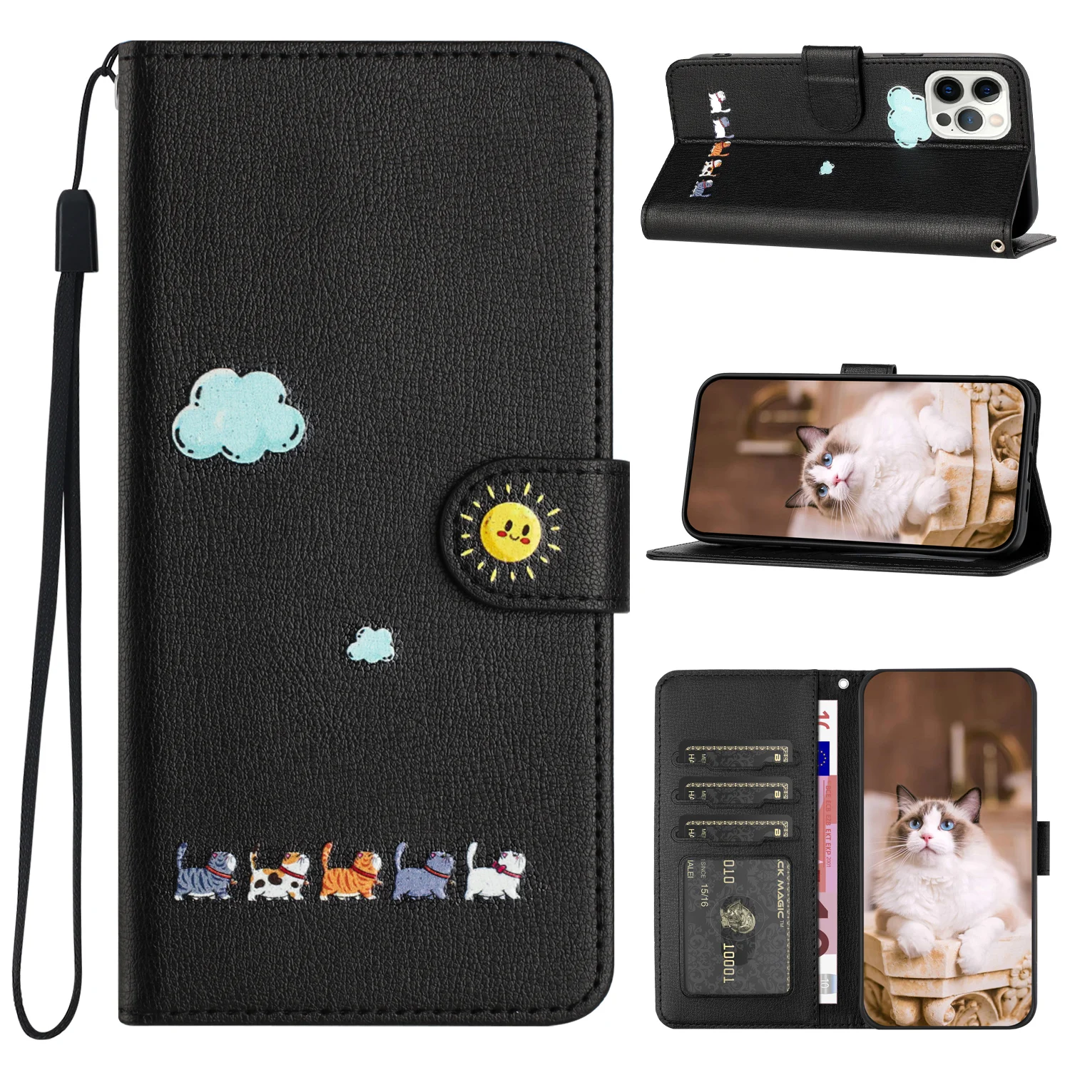 Leder Katze Telefon Brieftasche Fall Buch Für Samsung Galaxy S25 S24 Ultra S23 S22 Plus S21 S20 FE A16 A26 A36 A56 Karte Nette Flip-Cover – Detail 10