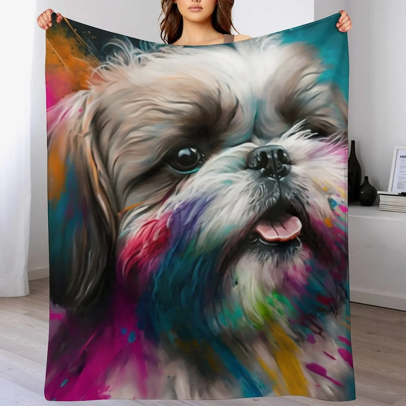 

Shih Tzu Synesthetic Splash Painting Artwork Throw Blanket Warm Soft Beds Extra Large Throw Vintage Blankets