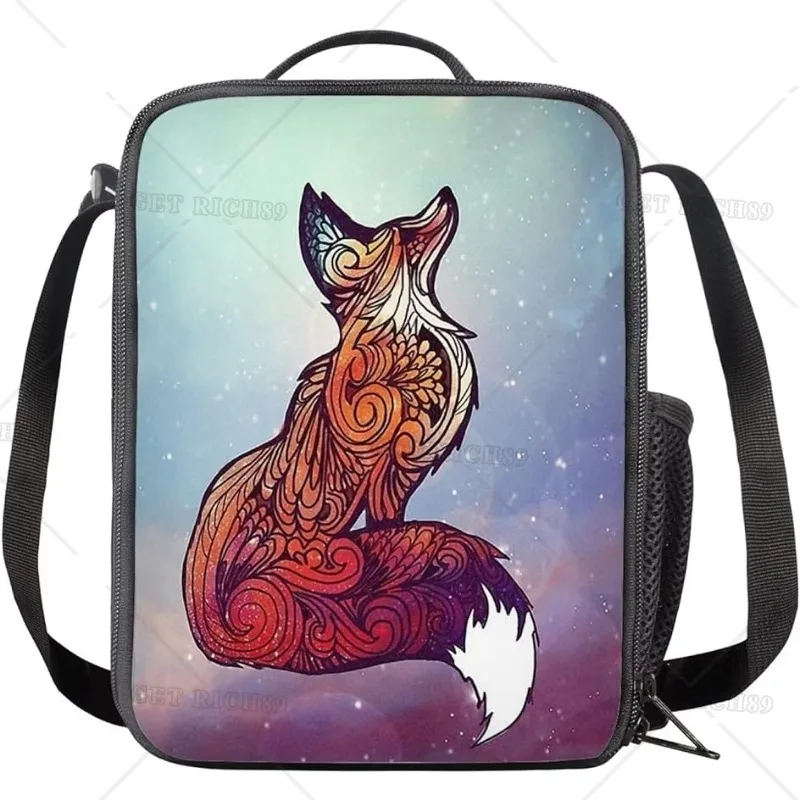 Fox Lunch Box for Women Men Boys Girls Kids Funny Cartoon Graphci Print Lunch Bag with Pocket and Strap for School Work Trip