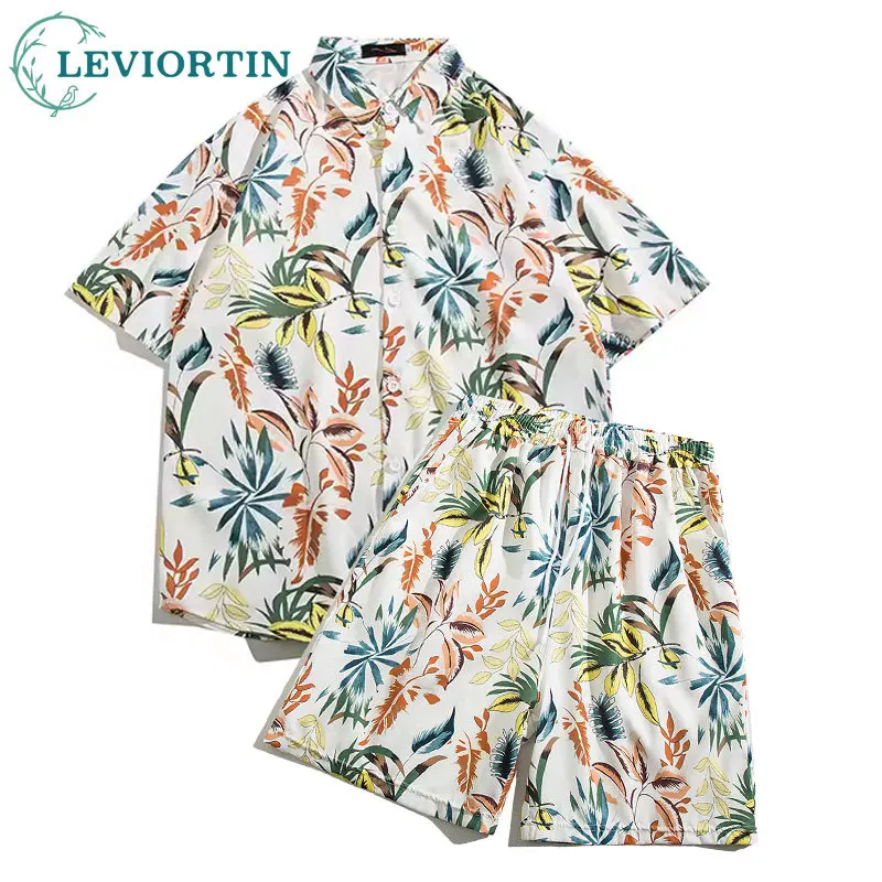 

Vintage Flower Print Shirt Short Sleeve Casual Men Shirt Suit Summer Camisa Masculina Color Contrast Set Moda Hombre