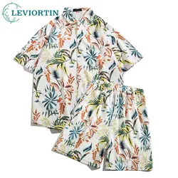 Vintage Flower Print Shirt Short Sleeve Casual Men Shirt Suit Summer Camisa Masculina Color Contrast Set Moda Hombre