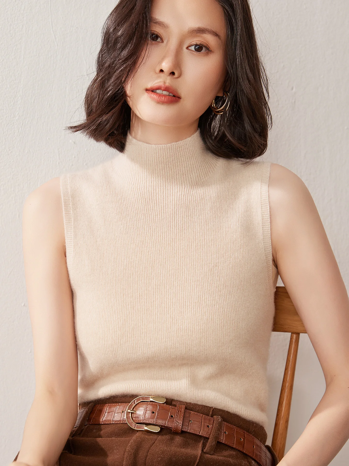 

New Women's 100% Cashmere Pullover Vest Half High Collar Sleeveless Autumn Winter Simple Soild Knit Waistcoat High-end Outwear