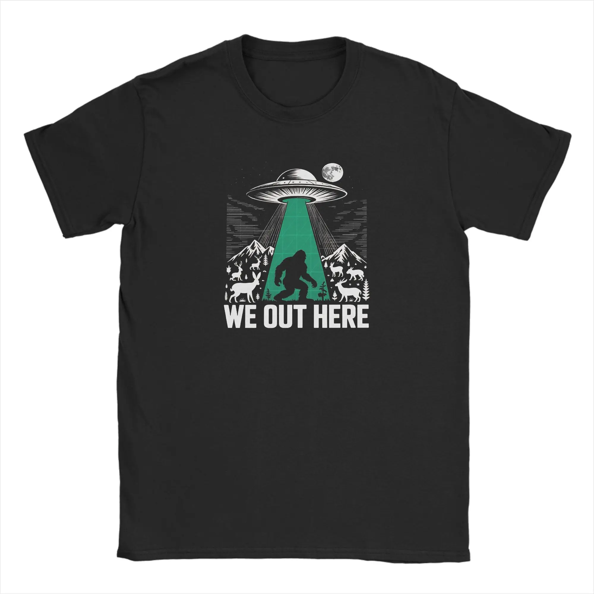 We Out Here Funny Bigfoot Cryptid UFO Abduction Cotton T-Shirt For Men's Summer  Y2K Retro Novelty Tees Oversize Print Tops,