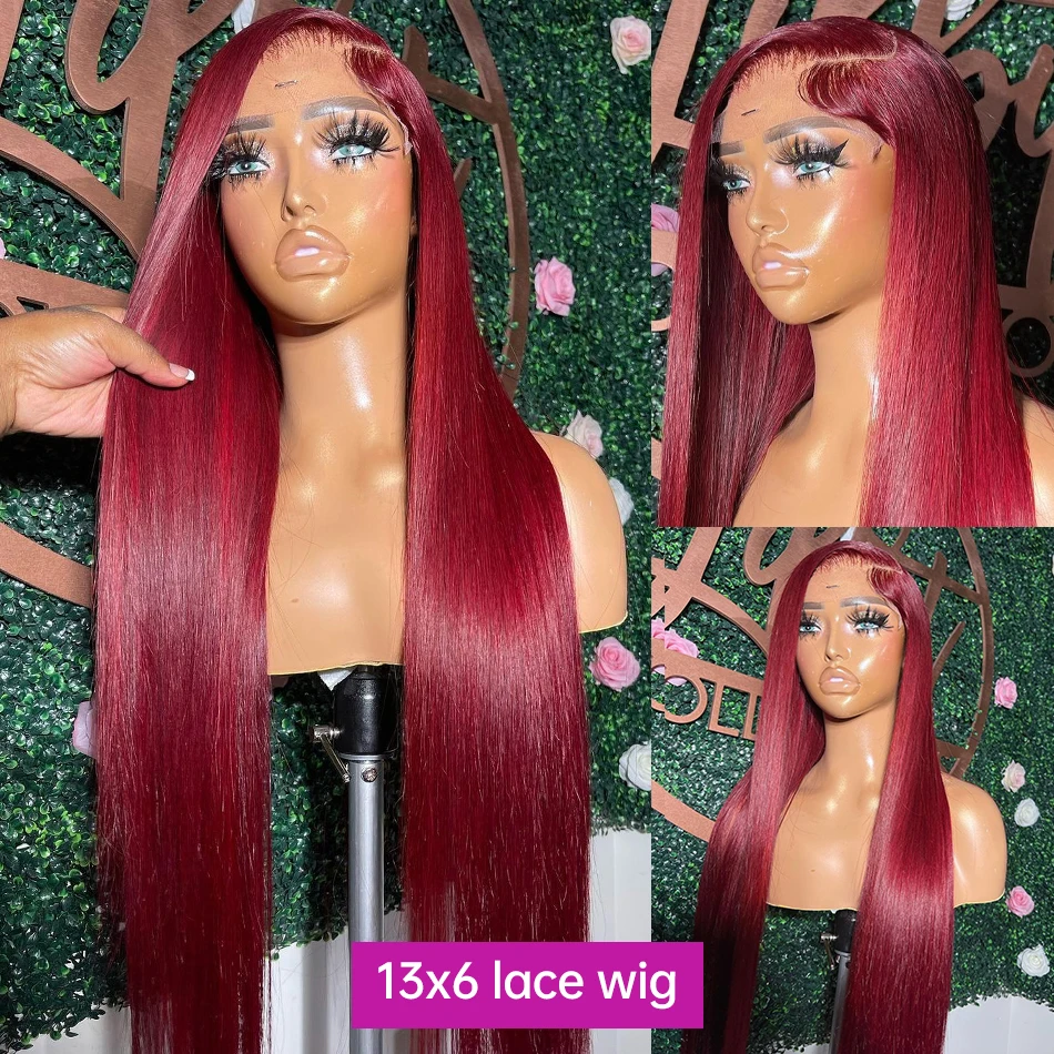 Wig rambut manusia 30 "32 inci renda lurus tulang merah anggur Wig rambut manusia berwarna 13x6 Hd diskon Wig rambut manusia Frontal untuk wanita