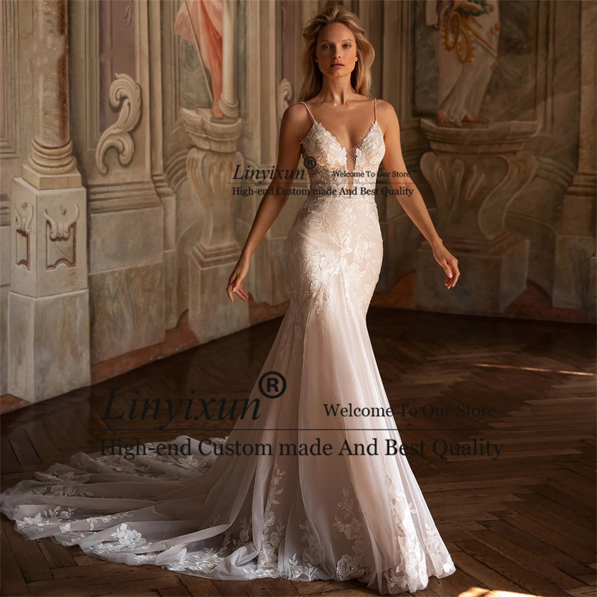 

Сексуальное кружевное свадебное платье русалки с открытой спиной и аппликацией на тонких бретельках, расшитое бисером свадебное платье со шлейфом, Vestidos De Novia