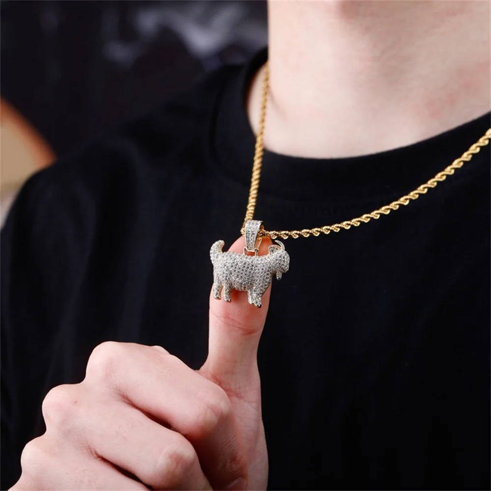 Fashion HipHop Animal Goat Pendant Necklace For Men Cuban Chain Iced Out Bling Micro Paved CZ Necklaces Punk Rock Biker Jewelry