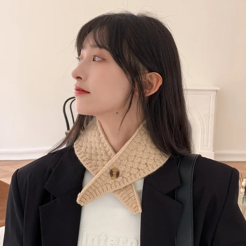 Knitted neck protection scarf with small winter scarf with fake collar short versatile cervical warm wool neck cover