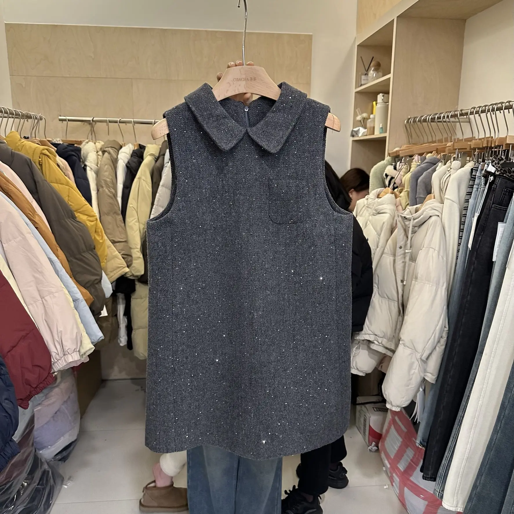 Women Korean Style Retro Woolen Vest Dress Spring Autumn New Lapel Layered Dress