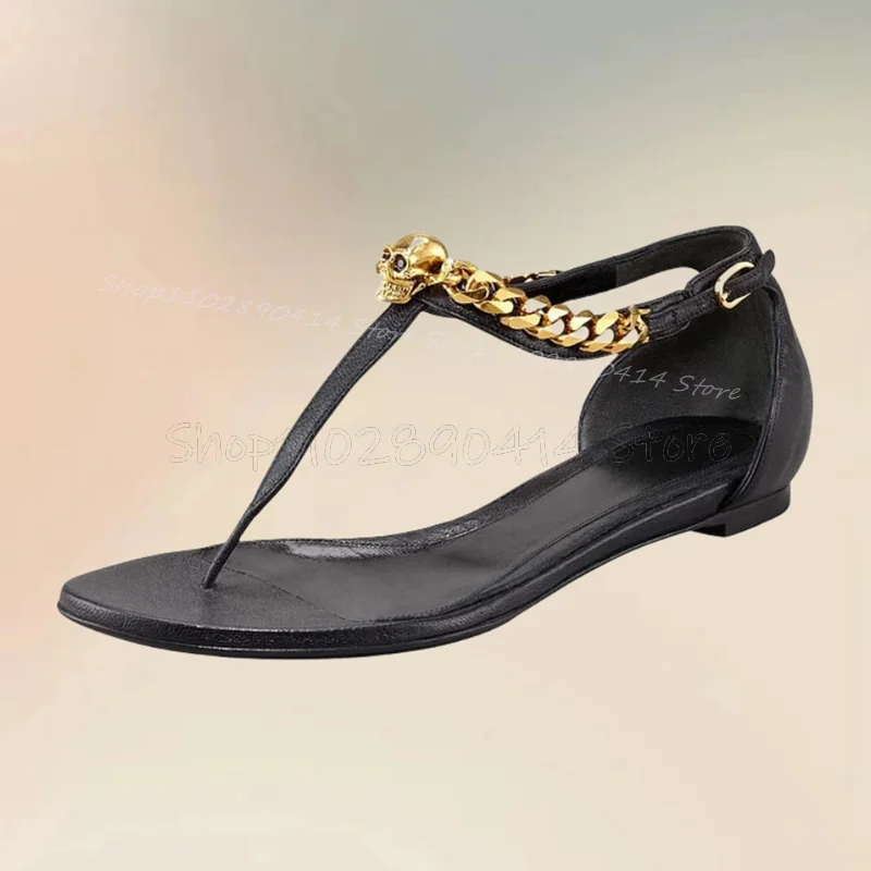 Gold Chain Skull Design Flip Flop Sandals Ankle Buckle Strap Women Shoes Low Top Fashion Party Banquet 2024 Zapatos Para Mujere