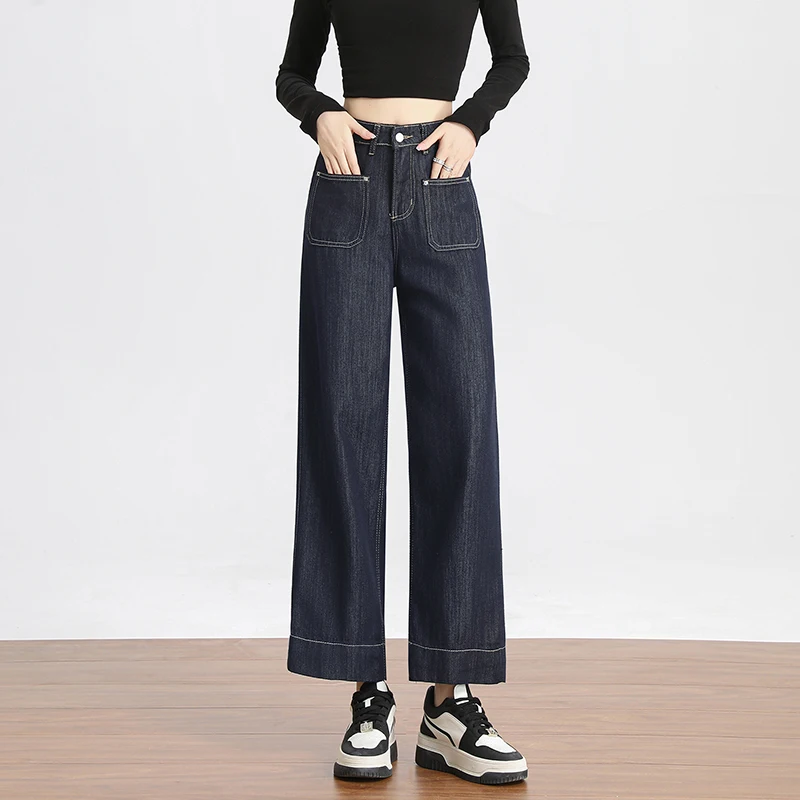 High Waist Jeans for Women Spring Autumn 2024 New Style Nine-point Straight Pants Youthful Woman Korean Fashion Wide Leg Pant