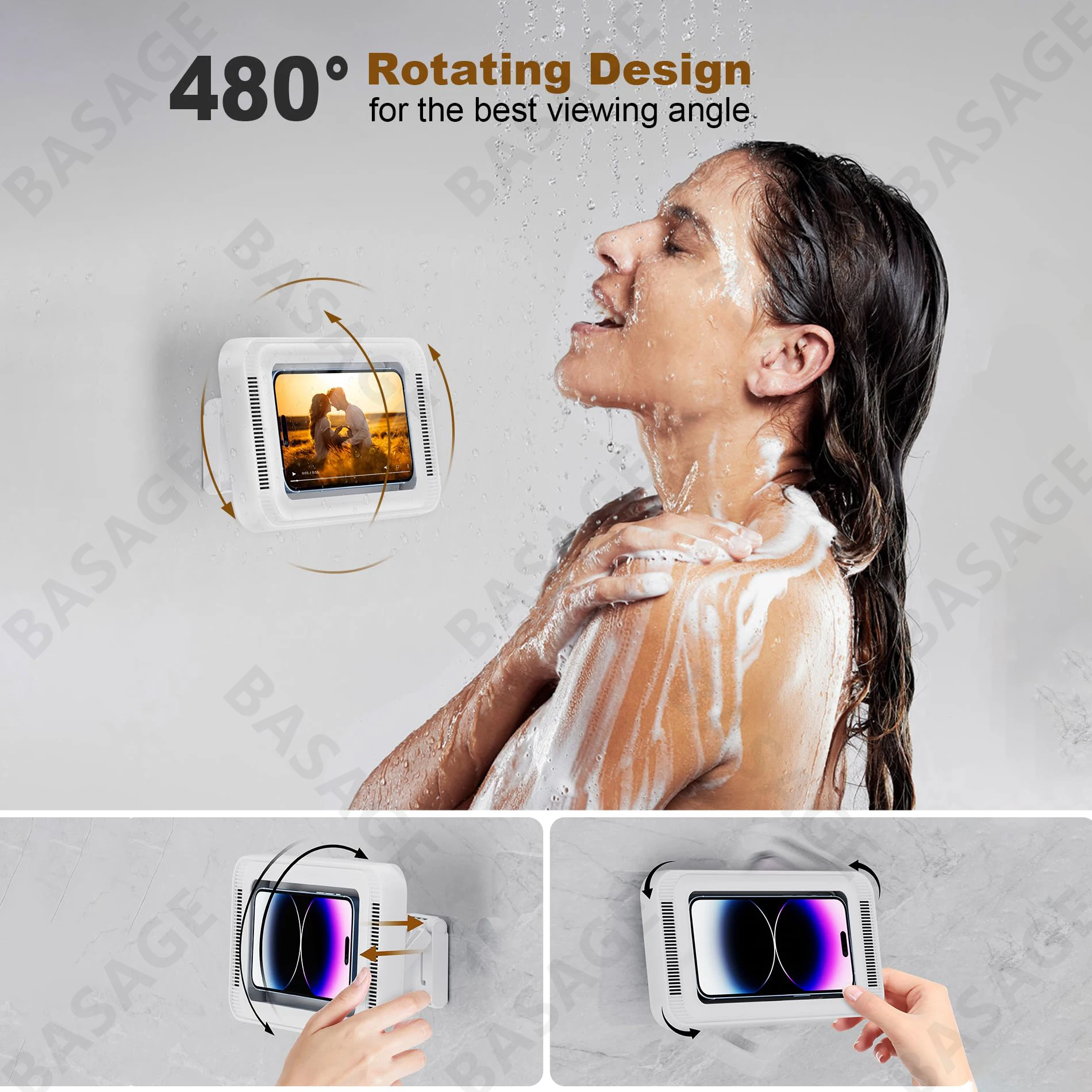 Shower Phone Holder with Speaker - 480° Rotation, Wall Phone Mount for Shower, Waterproof Anti Fog Shower Case for 4-7\