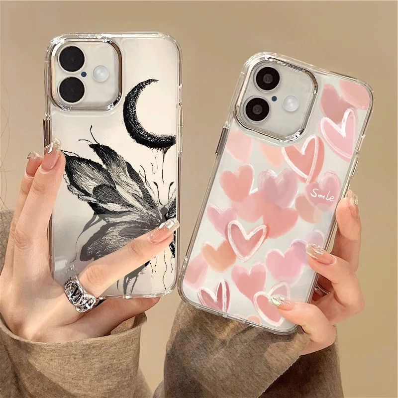 Luxury Sweet Girl Love Hearts Case For iPhone 15 Pro Max Coque iPhone 14 16 Pro Max 11 12 13 Plating Lens Frame Silicone Cover