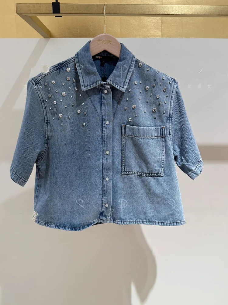 Spring Summer Fashion Diamond Decorated Short Denim Shirt Top Shorts Straight Leg Short Sleeve  Shirt for Women