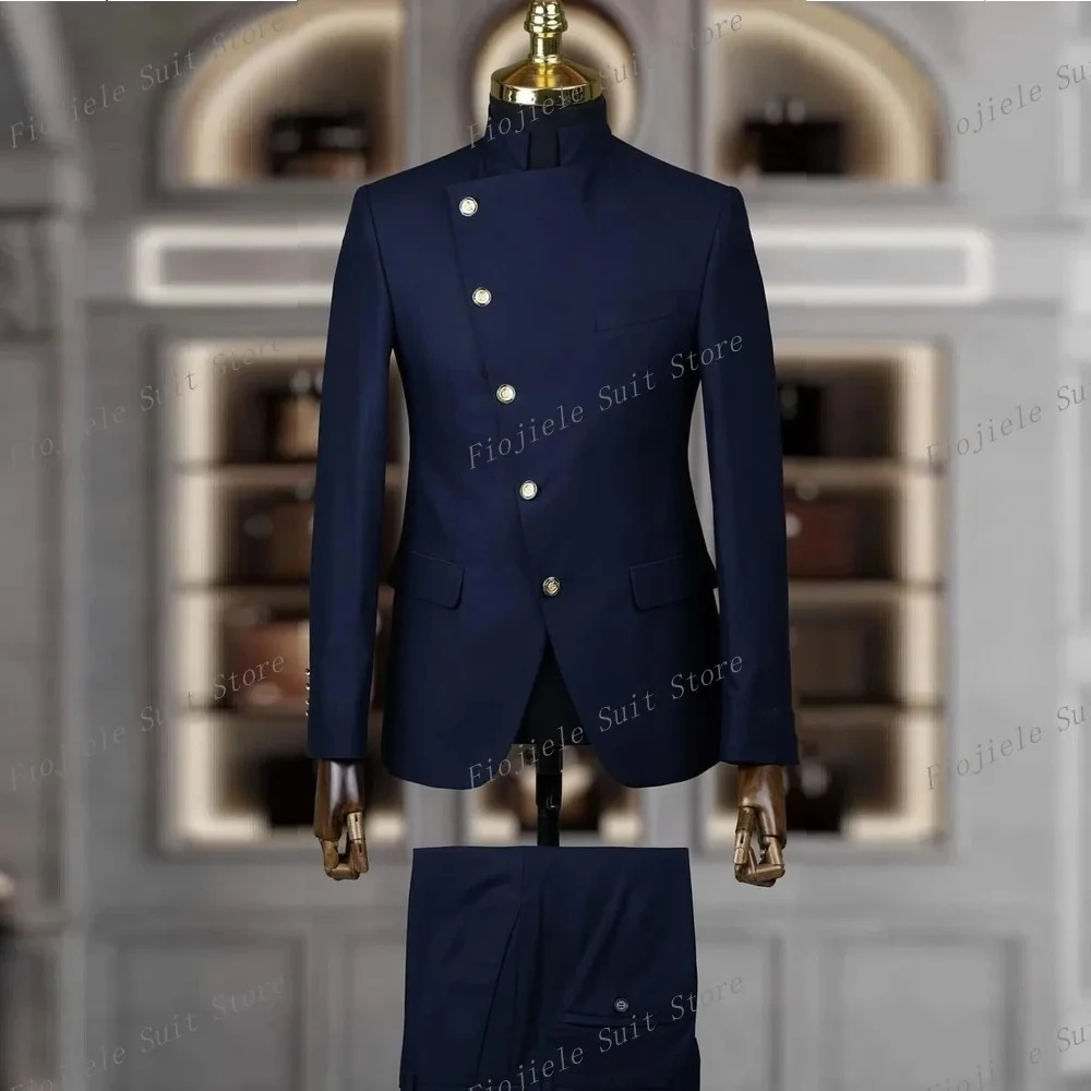 

Navy Blue Men Formal Occasion Tuxedos Business Prom Groom Groomsman Wedding Party Male Suit 2 Piece Set Blazer Pants