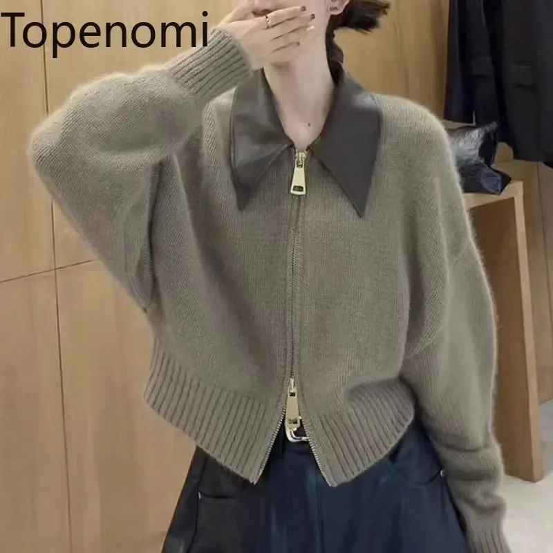 Topenomi Sweater Cardigan Women Patchwork Lapel Double Zipper Short Knitted Coat Autumn Winter Fashion All Match Jumper Tops