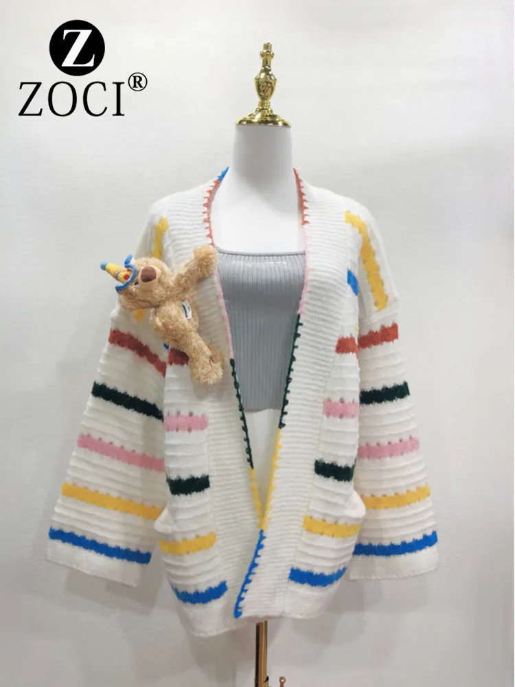 [ZOCI] Designer Sweater Cardigan Women's New Sweet Striped V-neck Loose Three-dimensional Teddy Bear Doll Versatile Jacket