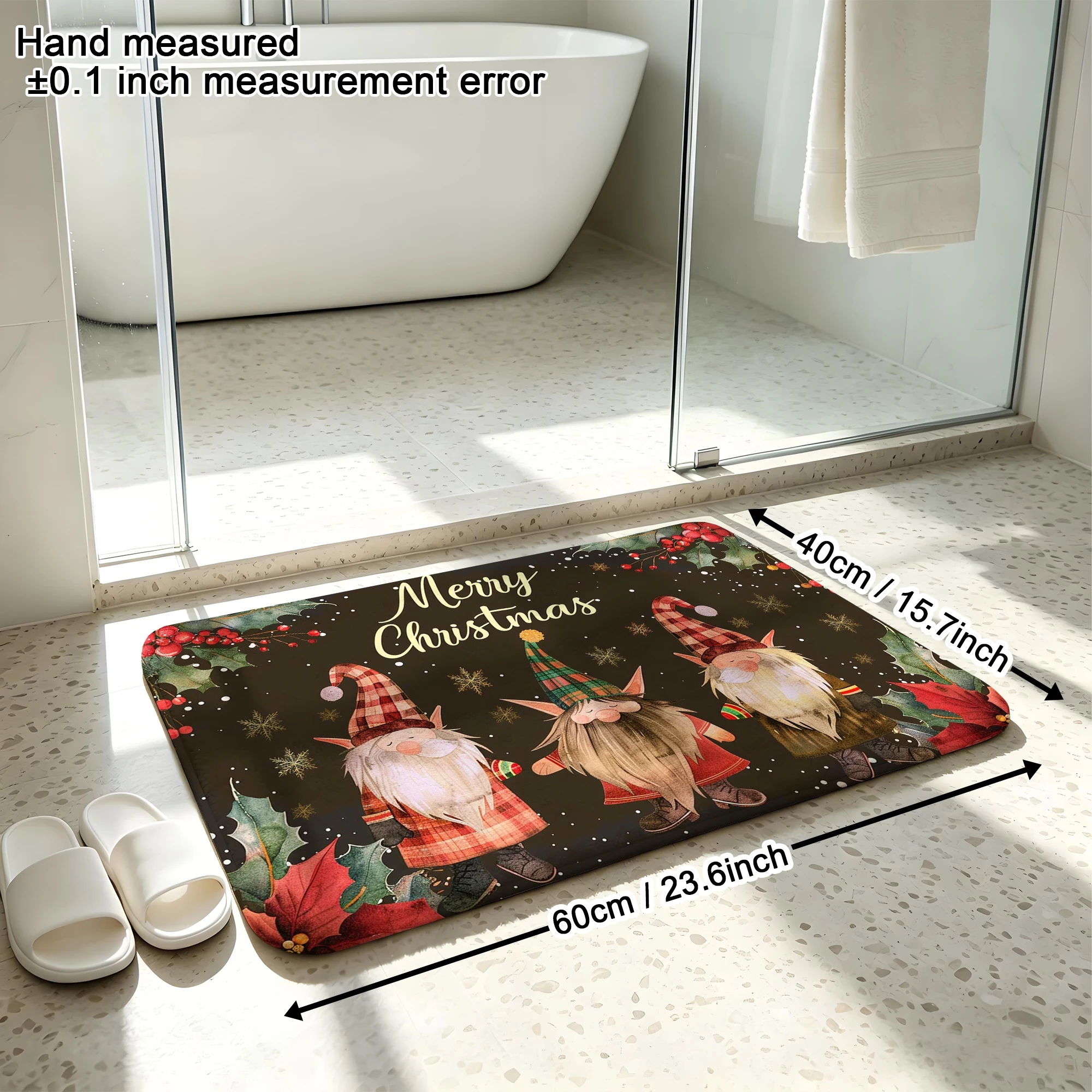 Watercolor Plaid Gnome Holly Snowflake Print Plush Absorbent Sponge Mat,Bathroom Non‑Slip Mat & Decorative Door Mat