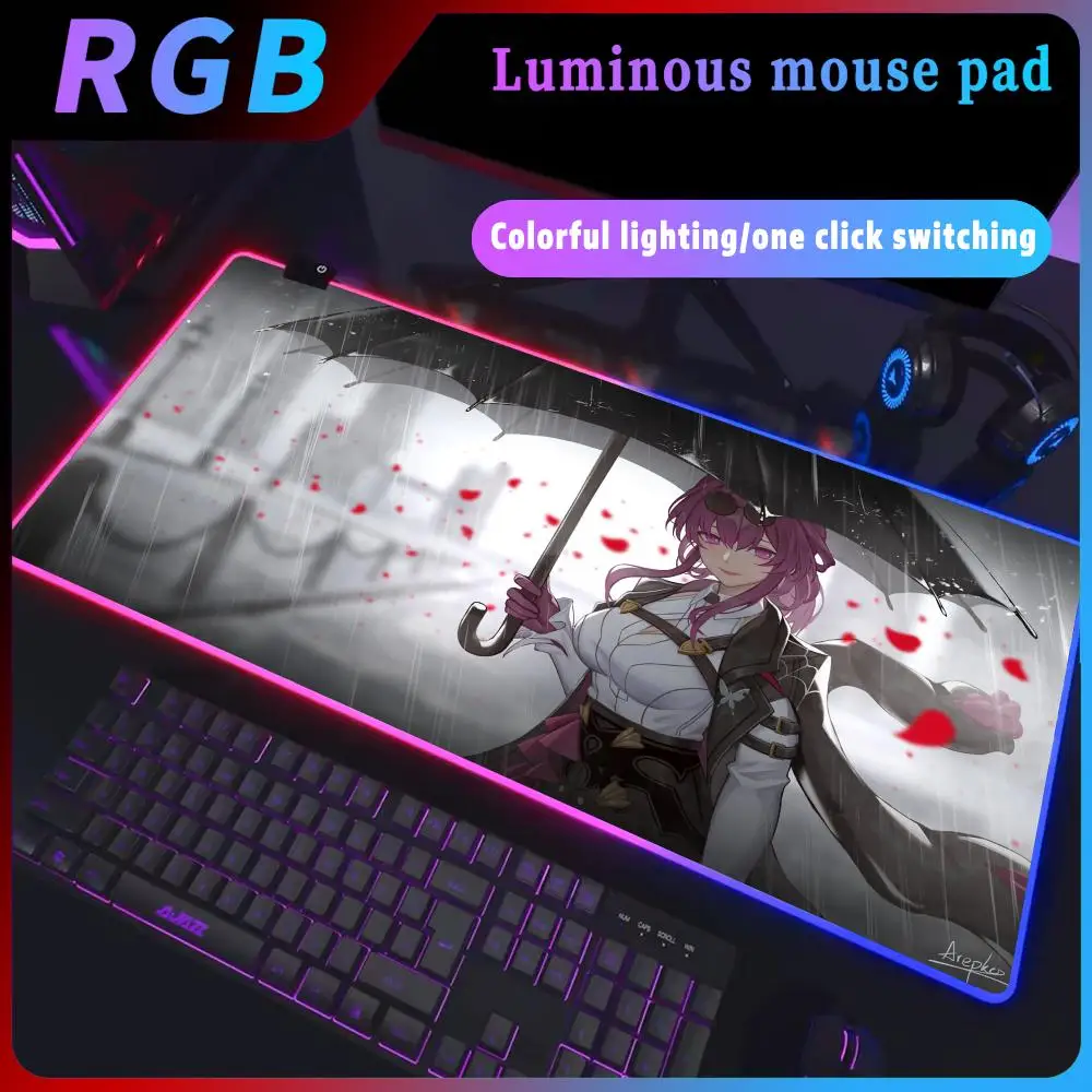 Imagem -04 - Backlight Honkai Impact Kafka Gaming Mouse Pad Tabela Gamer Rgb Deskmat Teclado pc Tapete Completo Escritório Xxl Company Mat 400x900