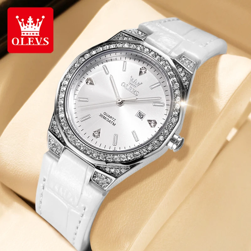 OLEVS 5606 Women‘s Watch Original Light Fashion Quartz Wristwatch Leather Strap Diamond Bezel Waterproof Luminous Ladies Watch