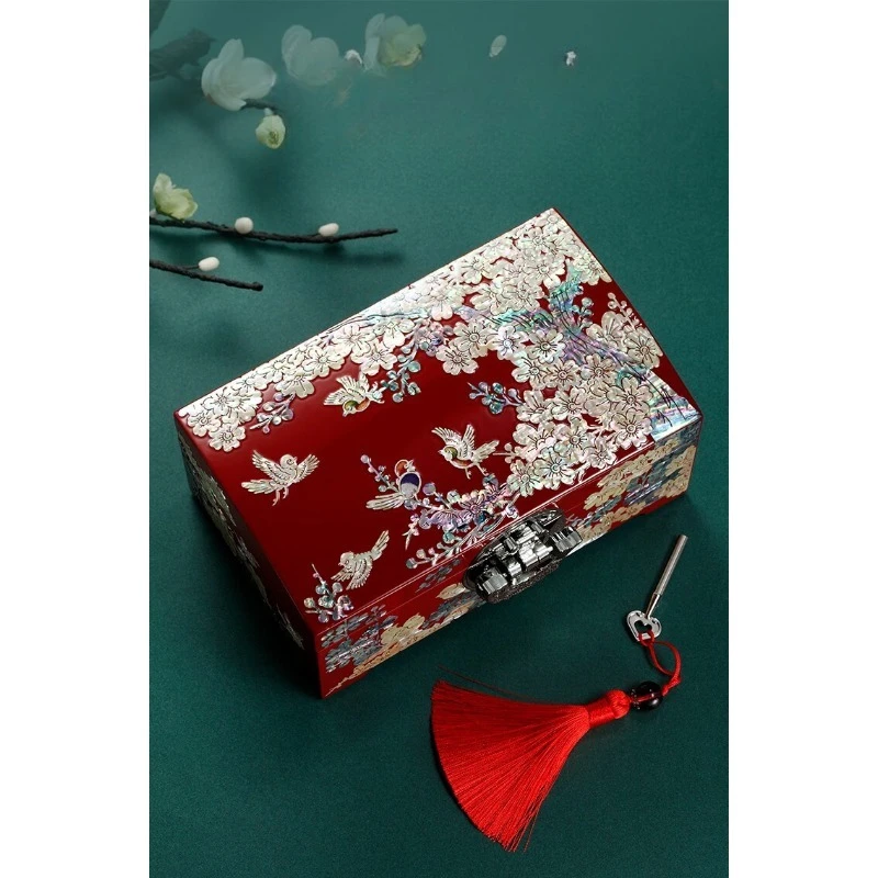 صندوق مجوهرات، ورنيش حلزون، صندوق تخزين مزدوج الطبقات من الخشب الصلب للمجوهرات