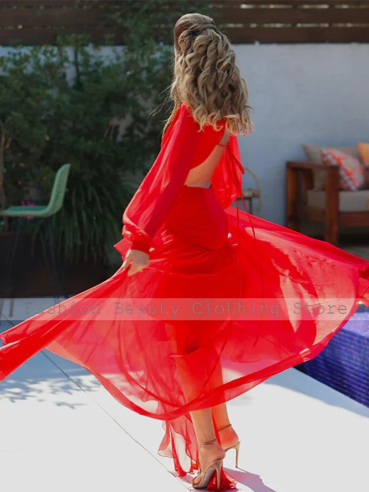 Evening Dress Classic Red Chiffon Ruffles Beach A-line V-neck Long Dresses Elegant Luxury Evening Dress 2024