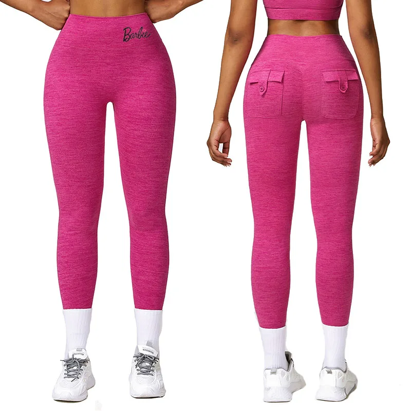 European American Large Size Stretch Women's Barbie Yoga Pants Cargo Pockets Butt Lift Tummy Peach Butt High Waist Fitness Pants