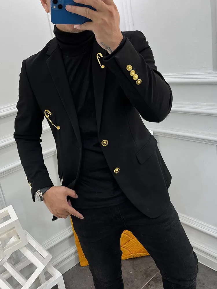 Chaqueta negra informal de negocios para hombre, Blazer ajustado de diseñador de un solo pecho, moda de lujo, primavera, novedad