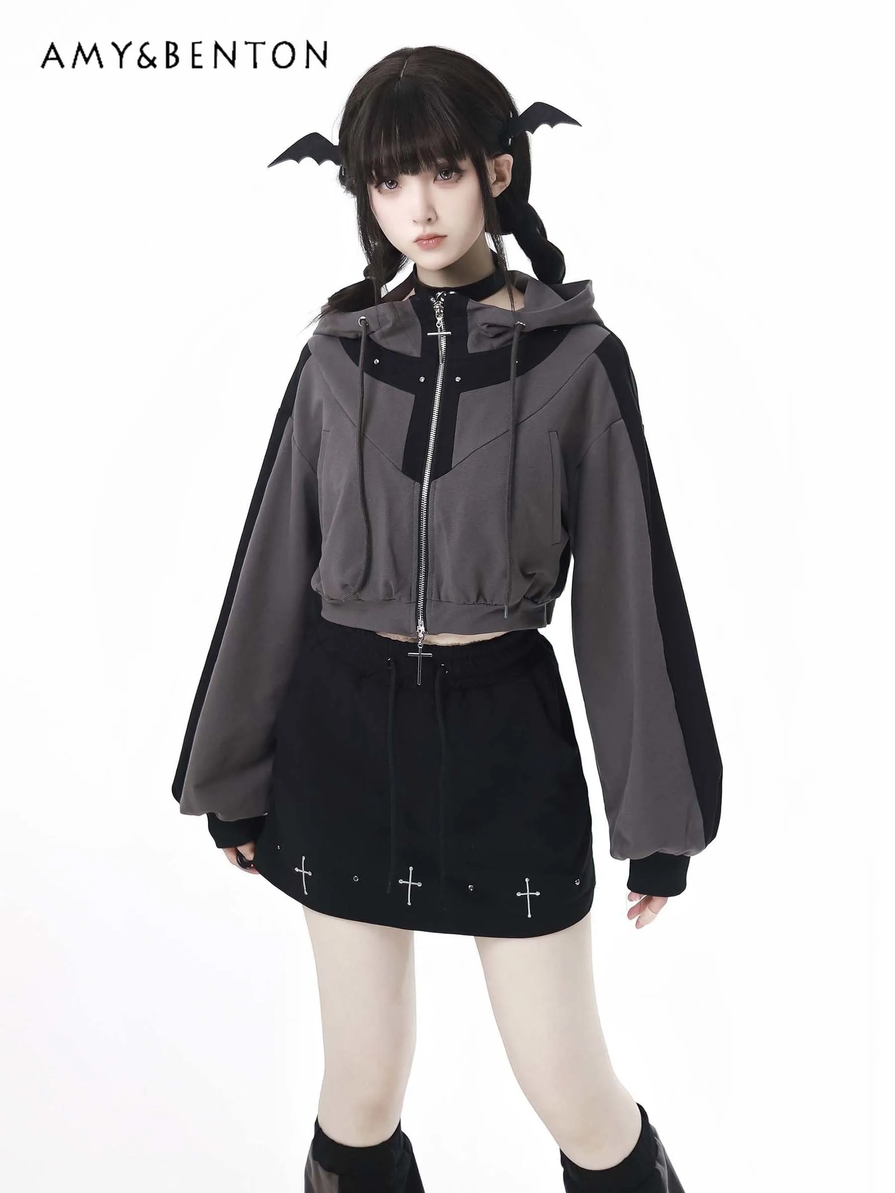 Subculture Girl Black and Gray Suit Gothic Patchwork Hooded Short Zipper Sweater Mini Skirt Y2K Two Piece Sets Womens Outifits