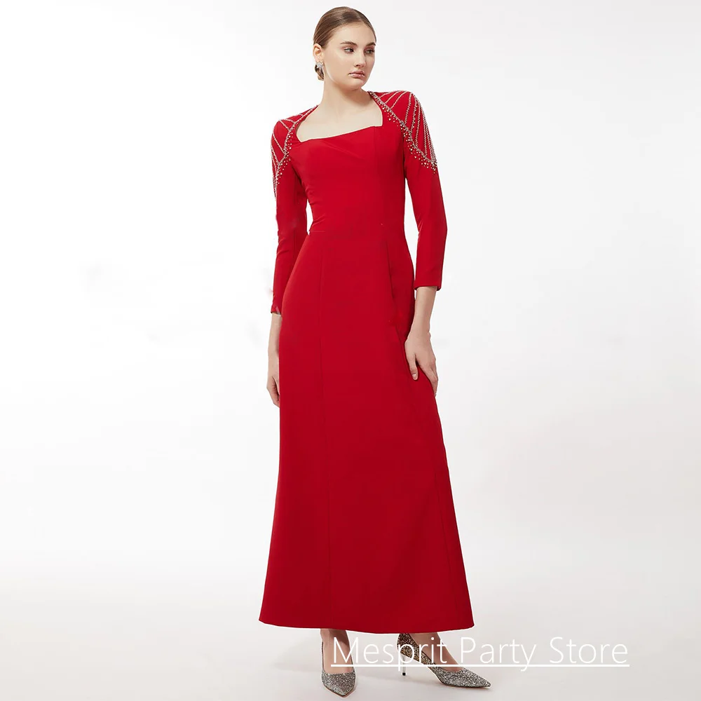 

Arabian Women Evening Dress Red Party Gown Customized Square Neck 3/4 Sleeves Crystal Ankle Lengtgh Beading Formal Prom Dress