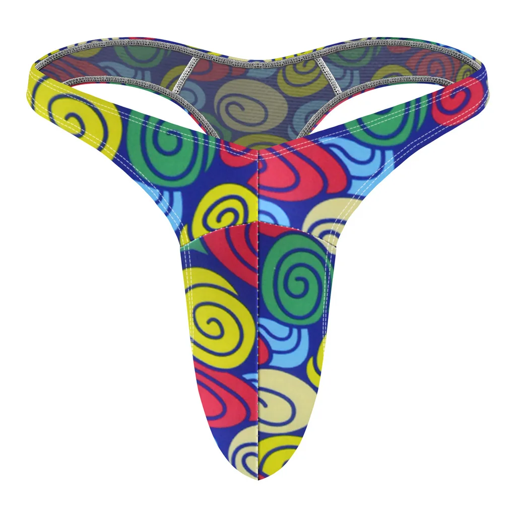 

Men's Colorful Swirl Print Swimwear T-Back Thong, Sexy High-Stretch Pouch G-String, Quick-Dry Spandex Underwear