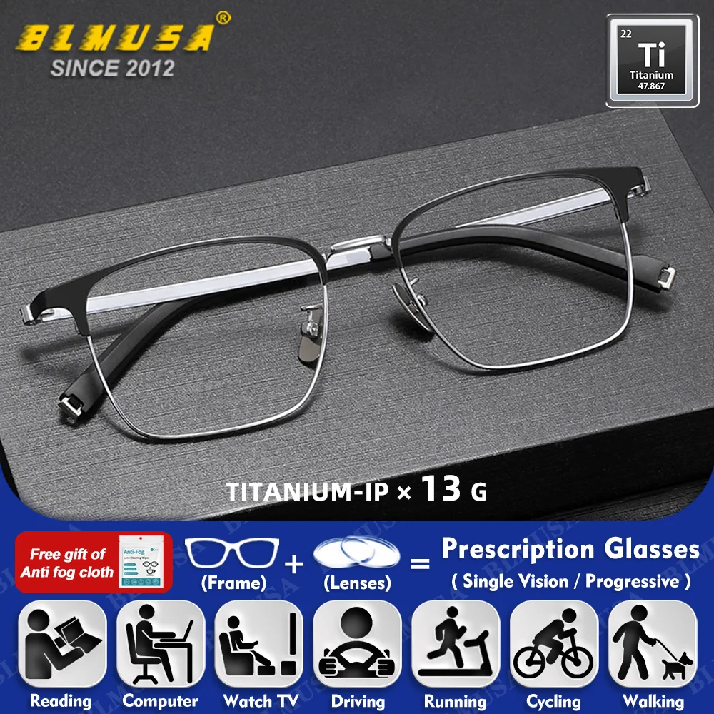 

BLMUSA (S) High Quality Business Square Titanium Frame Student Myopia Glasses Men Blue Light Filter Reading Prescription Eyeware