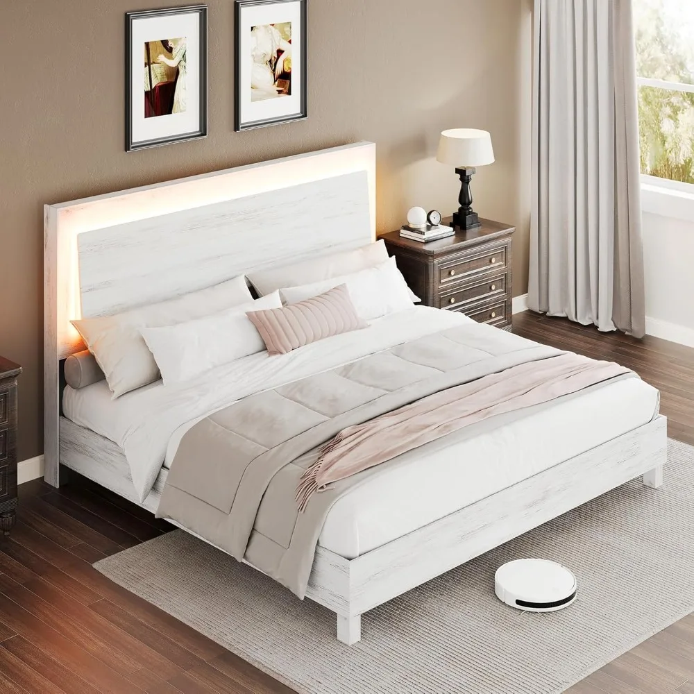 إطار سرير خشبي كامل الحجم مع ضوء RGBW LED، سرير بمنصة حديثة لمنتصف القرن مع لوح رأسي عائم وأرجل من الخشب الصلب، بدون Bo