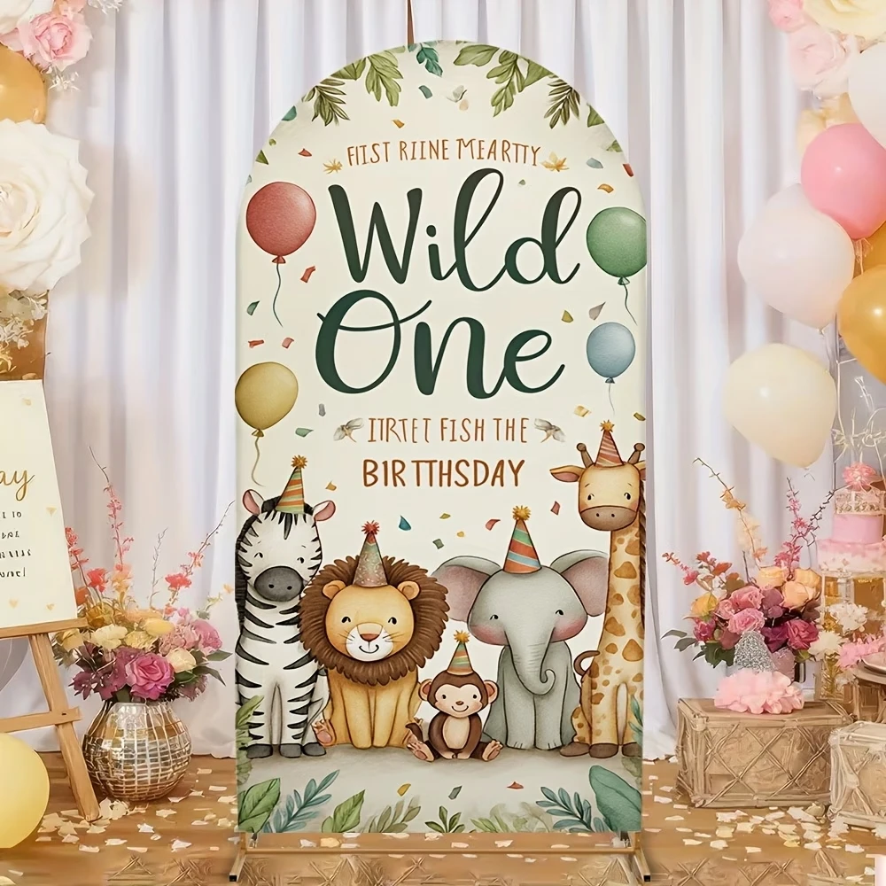 LS Wild One Happy Birthday Backdrop for Newborn Kids Forest Jungle Animals 1st Birthday Background Safari Party Arch Covers view 2