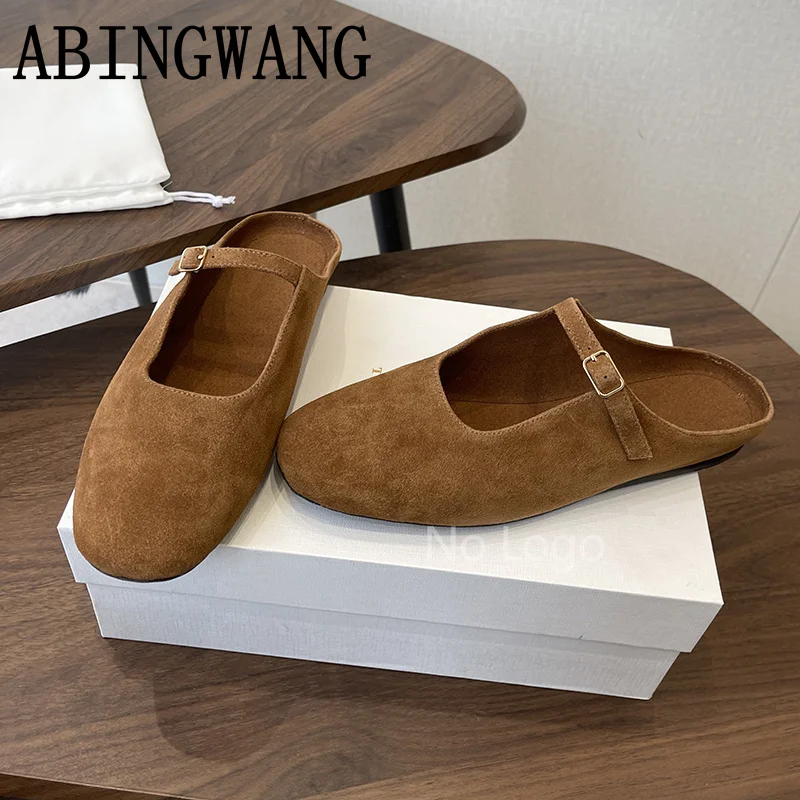 2026 Spring Summer New Runway Flat Heel Slippers Women Leather Suede Round Toe Ladies Slides Party Dress Shoes For Women