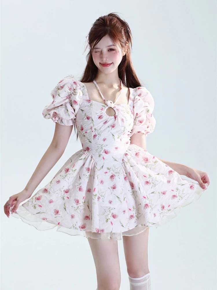 Floral Puff Sleeve Dresses Women Summer Bow Hotsweet Hipster Korean Style Backless Advanced Aesthetic Temperament College Daily