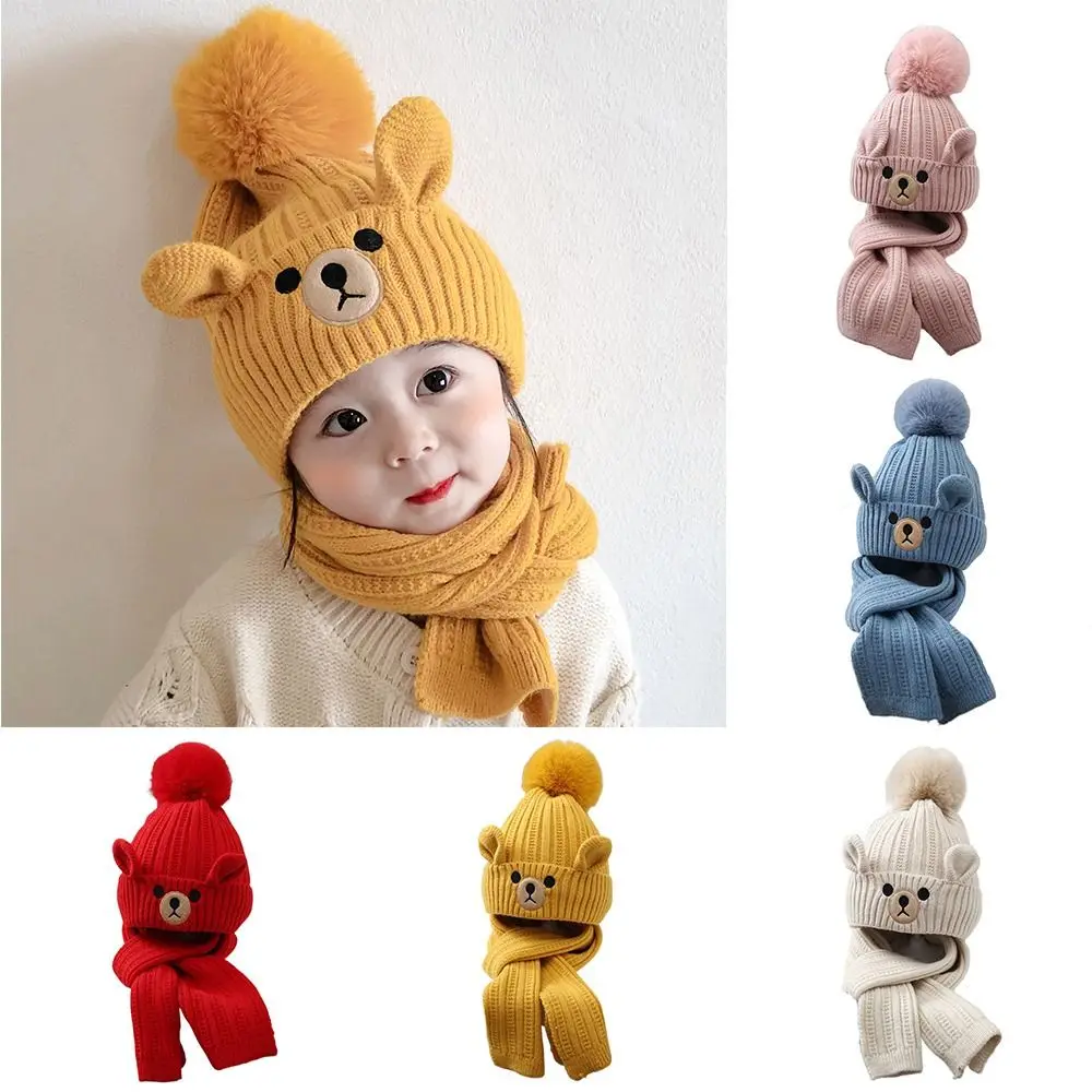 Cute Bear Children Scarf Hat Set Baby Wool Crotch Beanie For Girls And Boys Winter& Autumn Baby Cloth Accessories