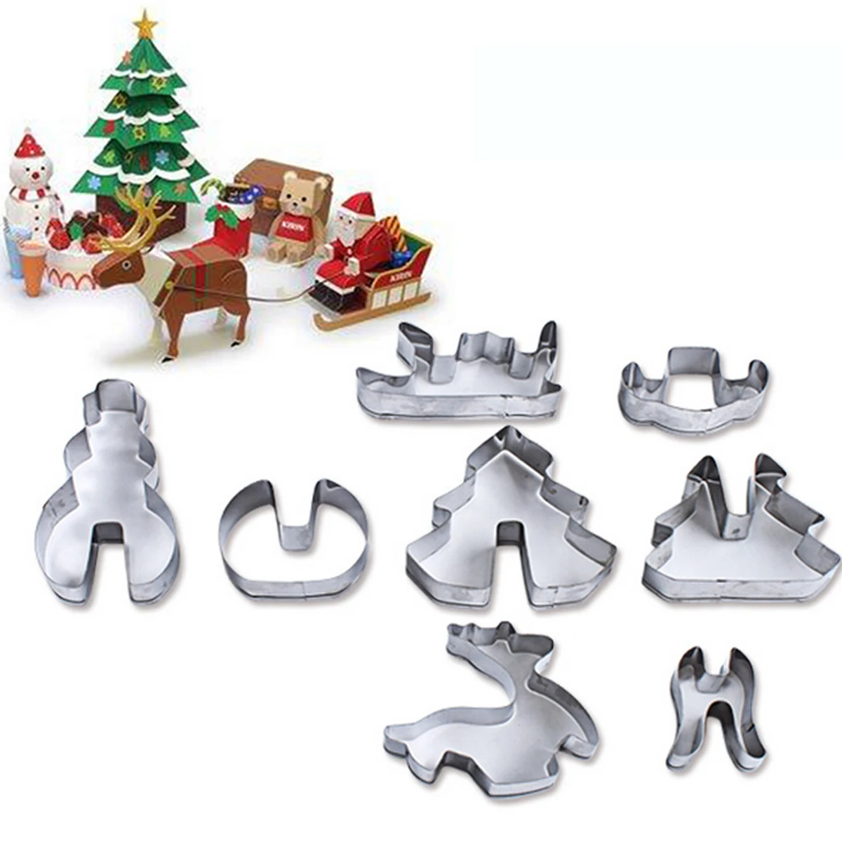 

8Pcs Non stick Cookie Molds Stainless Steel Cake Decorating Kit Christmas Tree 3D Baking Pan Heat Resistant Anti Rust