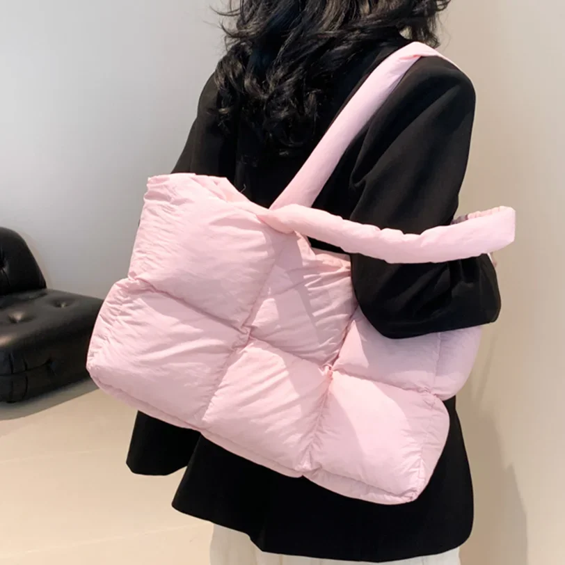 Feather Padded Women Shoulder Bag Quilted Cotton Fashion Underarm Bag Large Capacity Ladies Handbag High Quality Solid Tote Bags