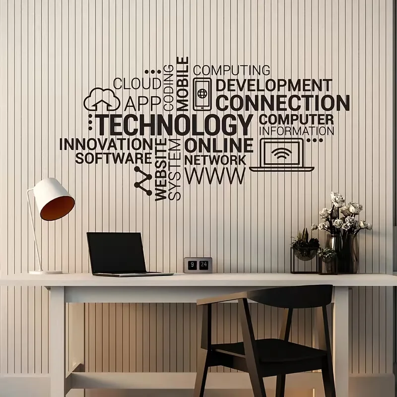 Modern Home Decor Featuring Vinyl Wall Decals with Technology-Themed Words for an Innovative Office Atmosphere